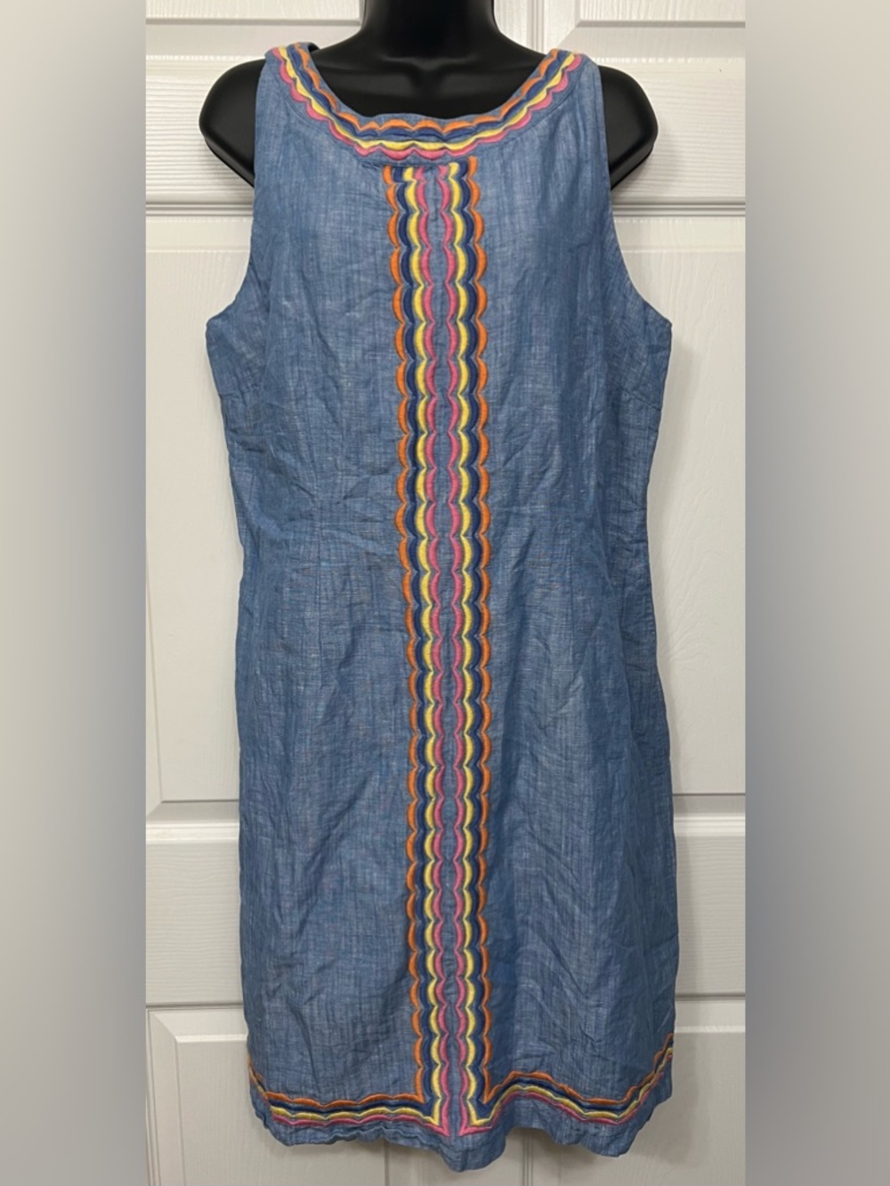 Talbots Chambray Sleeveless Dress with Multicolor Scallop Trim